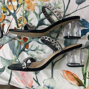 Tahari Sexy Chain Double Strap Square Toe Sandal Block Heels